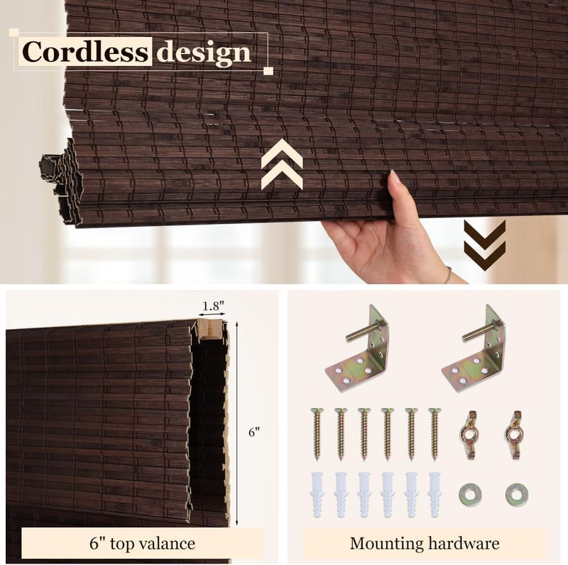 LUCKUP Cordless Bamboo Roman Blinds Shades for Indoor Windows-Blackout Room Darkening Roman Blinds with 6" Valance Cover Enhanced Privacy, 28" W x 64" H - Image 4